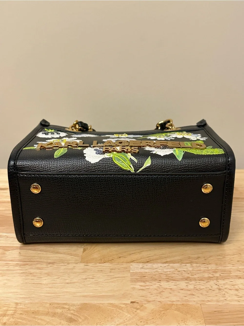Karl Lagerfeld Black Floral Embroidered Satchel with Gold Chain